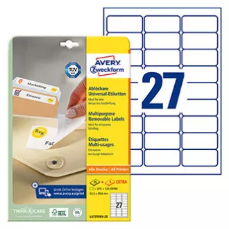 Avery Zweckform Etiketten 63,5 mm x 29,6 mm, A4, weiß, 27 Etiketten, ablösbar, 25er-Pack, L4737REV-25, für Laser und Inkjet Avery Zweckform Etiketten 63,5 mm x 29,6 mm, A4, weiß, 27 Etiketten, ablösbar, 25er-Pack, L4737REV-25, für Laser und Inkjet