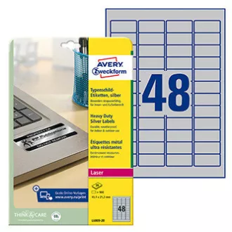 Avery Zweckform Etiketten 45,7mm x 21,2mm, A4, silber, 48 Etiketten, sehr haltbar, 20 Stück verpackt, L6009-20, für Laserdrucker Avery Zweckform Etiketten 45,7mm x 21,2mm, A4, silber, 48 Etiketten, sehr haltbar, 20 Stück verpackt, L6009-20, für Laserdrucker