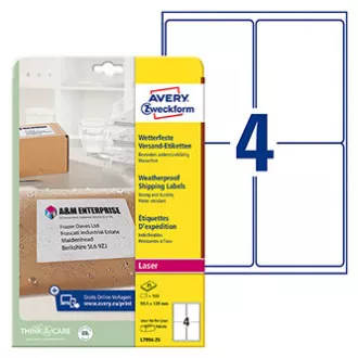 Avery Zweckform Etiketten 99,1mm x 139mm, A4, weiß, 1 Etikett, wasserfest, 25er-Pack, L7994-25, für Laserdrucker