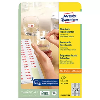 Avery Zweckform Preisetiketten 26mm x 16mm, A4, weiß, 102 Etiketten, ablösbar, Packung mit 25 Stück, L3410REV-25, für Laser und Inkjet Avery Zweckform Preisetiketten 26mm x 16mm, A4, weiß, 102 Etiketten, ablösbar, Packung mit 25 Stück, L3410REV-25, für Laser und Inkjet