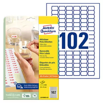 Avery Zweckform Preisetiketten 26mm x 16mm, A4, weiß, 102 Etiketten, ablösbar, Packung mit 25 Stück, L3410REV-25, für Laser und Inkjet Avery Zweckform Preisetiketten 26mm x 16mm, A4, weiß, 102 Etiketten, ablösbar, Packung mit 25 Stück, L3410REV-25, für Laser und Inkjet