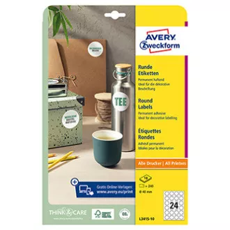 Avery Zweckform Etiketten 40mm, A4, weiß, 24 Etiketten, 10er-Pack, L3415-10, für Laser- und Tintenstrahldrucker, Kopierer Avery Zweckform Etiketten 40mm, A4, weiß, 24 Etiketten, 10er-Pack, L3415-10, für Laser- und Tintenstrahldrucker, Kopierer