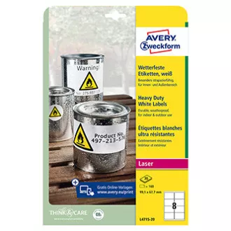Avery Zweckform Etiketten 99,1mm x 67,7mm, A4, matt, weiß, 8 Etiketten, sehr haltbar, 20er-Pack, L4715-20, für Laserdrucker Avery Zweckform Etiketten 99,1mm x 67,7mm, A4, matt, weiß, 8 Etiketten, sehr haltbar, 20er-Pack, L4715-20, für Laserdrucker