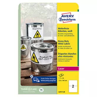 Avery Zweckform Etiketten 210mm x 148mm, A4, matt, weiß, 2 Etiketten, sehr haltbar, 20er-Pack, L4717-20, für Laserdrucker Avery Zweckform Etiketten 210mm x 148mm, A4, matt, weiß, 2 Etiketten, sehr haltbar, 20er-Pack, L4717-20, für Laserdrucker