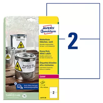 Avery Zweckform Etiketten 210mm x 148mm, A4, matt, weiß, 2 Etiketten, sehr haltbar, 20er-Pack, L4717-20, für Laserdrucker Avery Zweckform Etiketten 210mm x 148mm, A4, matt, weiß, 2 Etiketten, sehr haltbar, 20er-Pack, L4717-20, für Laserdrucker