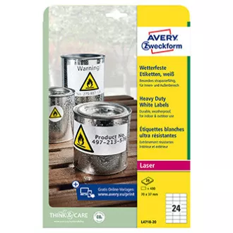 Avery Zweckform Etiketten 70mm x 37mm, A4, matt, weiß, 24 Etiketten, sehr haltbar, 20er-Pack, L4718-20, für Laserdrucker Avery Zweckform Etiketten 70mm x 37mm, A4, matt, weiß, 24 Etiketten, sehr haltbar, 20er-Pack, L4718-20, für Laserdrucker