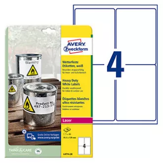 Avery Zweckform Etiketten 99,1mm x 139mm, A4, matt, weiß, 4 Etiketten, sehr haltbar, 20er-Pack, L4774-20, für Laserdrucker Avery Zweckform Etiketten 99,1mm x 139mm, A4, matt, weiß, 4 Etiketten, sehr haltbar, 20er-Pack, L4774-20, für Laserdrucker