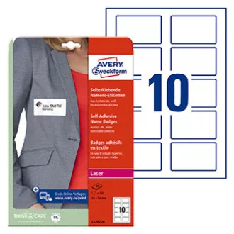 Avery Zweckform Namensetiketten 80mm x 50mm, A4, weiß, 10 Etiketten, selbstklebend, 20er-Pack, L4785-20, für Laserdrucker