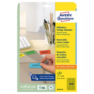 Avery Zweckform Etiketten 25,4mm x 10mm, A4, gelb, 189 Etiketten, mini, ablösbar, 20er Pack, L6037-20, für Laser und Inkjet