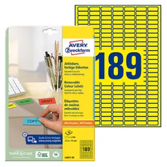 Avery Zweckform Etiketten 25,4mm x 10mm, A4, gelb, 189 Etiketten, mini, ablösbar, 20er Pack, L6037-20, für Laser und Inkjet