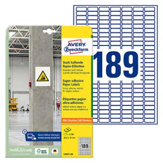 Avery Zweckform Etiketten 25,4 mm x 10 mm, A4, weiß, 189 Etiketten, stark klebend, 20er-Pack, L7871-20, für Laser und Drucker