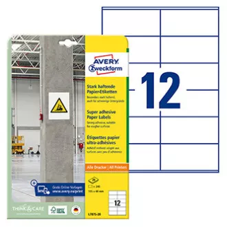 Avery Zweckform-Etiketten 105mm x 48mm, A4, weiß, 12 Etiketten, stark klebend, 20er-Pack, L7875-20, für Laser und Atram
