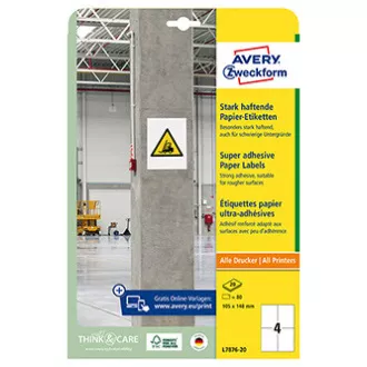 Avery Zweckform-Etiketten 105mm x 148mm, A4, weiß, 4 Etiketten, stark klebend, 20er-Pack, L7876-20, für Laser und Atram Avery Zweckform-Etiketten 105mm x 148mm, A4, weiß, 4 Etiketten, stark klebend, 20er-Pack, L7876-20, für Laser und Atram