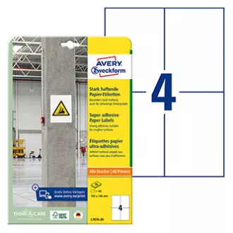 Avery Zweckform-Etiketten 105mm x 148mm, A4, weiß, 4 Etiketten, stark klebend, 20er-Pack, L7876-20, für Laser und Atram Avery Zweckform-Etiketten 105mm x 148mm, A4, weiß, 4 Etiketten, stark klebend, 20er-Pack, L7876-20, für Laser und Atram