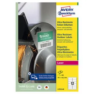 Avery Zweckform Etiketten 99,1 mm x 42,3 mm, A4, weiß, 12 Etiketten, sehr strapazierfähig, verpackt zu je 40 Stück, L7913-40, für Laserdrucker und Avery Zweckform Etiketten 99,1 mm x 42,3 mm, A4, weiß, 12 Etiketten, sehr strapazierfähig, verpackt zu je 40 Stück, L7913-40, für Laserdrucker und