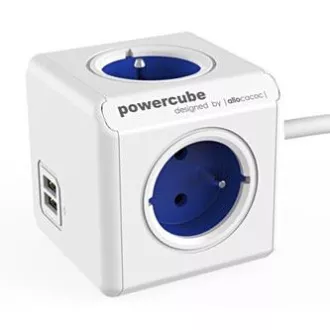 Netzkabel 230V Verlängerung, CEE7 (Gabel) - POWERCUBE, 1,5m, EXTENDED USB, blau, POWERCUBE, 4 Steckdosen, 2xUSB-Anschluss, kindersicher