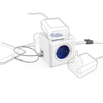 Netzkabel 230V Verlängerung, CEE7 (Gabel) - POWERCUBE, 1,5m, EXTENDED USB, blau, POWERCUBE, 4 Steckdosen, 2xUSB-Anschluss, kindersicher