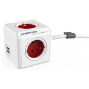 Netzkabel 230V-Verlängerungskabel, CEE7 (Gabel) - POWERCUBE, 1,5m, EXTENDED USB, rot, POWERCUBE, 4 Steckdosen, 2xUSB-Anschluss, kindersicher
