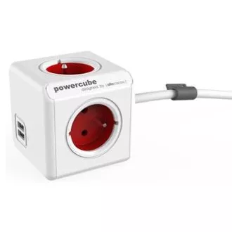 Netzkabel 230V-Verlängerungskabel, CEE7 (Gabel) - POWERCUBE, 1,5m, EXTENDED USB, rot, POWERCUBE, 4 Steckdosen, 2xUSB-Anschluss, kindersicher