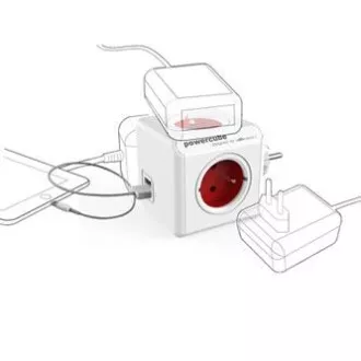 Steckdose 240V, CEE7 (Gabel) - POWERCUBE, 0,1m, ORIGINAL USB, rot, POWERCUBE, 4 Steckdosen, 2xUSB-Anschlüsse