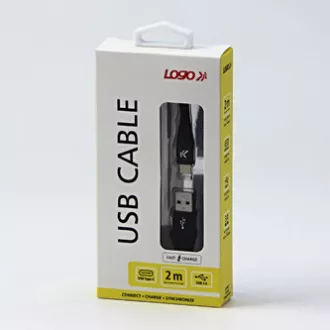 Logo USB-Kabel (2.0), USB A-Stecker - USB C-Stecker, 2m, 480 Mbps, 5V/3A, schwarz, Box, Nylongeflecht, Aluminium-Steckerabdeckung