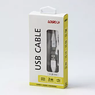 Logo USB-Kabel (2.0), USB A-Stecker - USB C-Stecker, 2m, 480 Mbps, 5V/3A, weiß, Box, Nylongeflecht, Aluminium-Steckerabdeckung