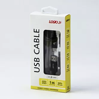 Logo USB-Kabel (3.2 gen 1), USB A-Stecker - USB C-Stecker, 1m, 5 Gbps, 5V/3A, schwarz, Box, Nylongeflecht, Steckerabdeckung aus Aluminium
