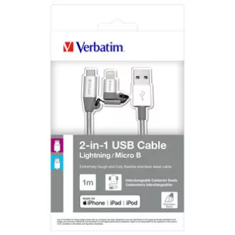 Verbatim USB-Kabel (2.0), USB A-Stecker - microUSB-Stecker   Apple Lightning-Stecker, 1m, silber, Box, 48869, 2 in 1 - verstellbar