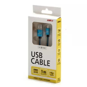 Logo USB-Kabel (2.0), USB A-Stecker - microUSB-Stecker, 1m, 480 Mbps, 5V/2A, blau, Box, Nylongeflecht, Aluminium-Steckerabdeckung Logo USB-Kabel (2.0), USB A-Stecker - microUSB-Stecker, 1m, 480 Mbps, 5V/2A, blau, Box, Nylongeflecht, Aluminium-Steckerabdeckung