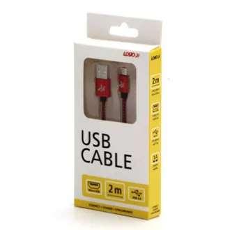 Logo USB-Kabel (2.0), USB A-Stecker - microUSB-Stecker, 1m, 480 Mbps, 5V/2A, rot, Box, Nylongeflecht, Steckerabdeckung aus Aluminium