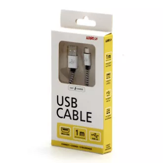Logo USB-Kabel (2.0), USB A-Stecker - microUSB-Stecker, 1m, 480 Mbps, 5V/2A, silber, Box, Nylongeflecht, Aluminium-Endkappe Logo USB-Kabel (2.0), USB A-Stecker - microUSB-Stecker, 1m, 480 Mbps, 5V/2A, silber, Box, Nylongeflecht, Aluminium-Endkappe