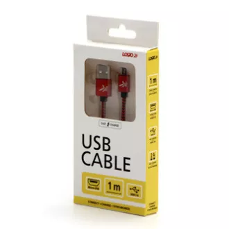 Logo USB-Kabel (2.0), USB A-Stecker - microUSB-Stecker, 2m, 480 Mbps, 5V/1A, rot, Box, Nylongeflecht, Steckerabdeckung aus Aluminium Logo USB-Kabel (2.0), USB A-Stecker - microUSB-Stecker, 2m, 480 Mbps, 5V/1A, rot, Box, Nylongeflecht, Steckerabdeckung aus Aluminium