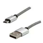 Logo USB-Kabel (2.0), USB A-Stecker - microUSB-Stecker, 2m, 480 Mbps, 5V/1A, silber, Box, Nylongeflecht, Aluminium-Endkappe
