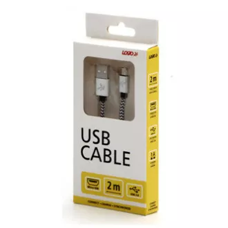 Logo USB-Kabel (2.0), USB A-Stecker - microUSB-Stecker, 2m, 480 Mbps, 5V/1A, silber, Box, Nylongeflecht, Aluminium-Endkappe Logo USB-Kabel (2.0), USB A-Stecker - microUSB-Stecker, 2m, 480 Mbps, 5V/1A, silber, Box, Nylongeflecht, Aluminium-Endkappe