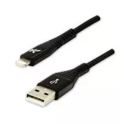Logo USB-Kabel (2.0), USB A-Stecker - Apple Lightning-Stecker, 1m, MFi-Zertifizierung, 5V/2.4A, schwarz, Box, Nylongeflecht, Aluminium