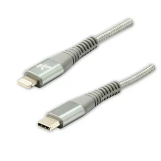 Logo USB-Kabel (2.0), USB C-Stecker - Apple Lightning-Stecker, 2m, MFi-Zertifizierung, 5V/3A, silber, Box, Nylongeflecht, Aluminium Logo USB-Kabel (2.0), USB C-Stecker - Apple Lightning-Stecker, 2m, MFi-Zertifizierung, 5V/3A, silber, Box, Nylongeflecht, Aluminium