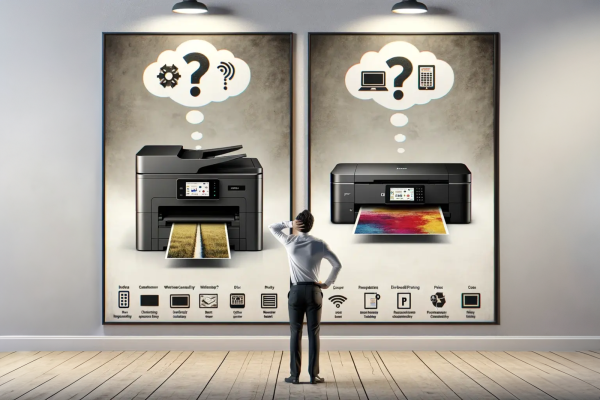 Ein Mann wählt einen Multifunktions-Laserdrucker aus.
