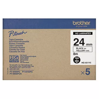 Brother Original-Farbband für Etikettendrucker, Brother, HGE-651, schwarzer Druck/gelbes Trägermaterial, 8m, 24mm, 5 Stück pro Packung, Preis pro Packung