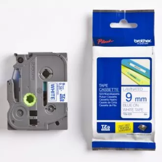 Brother Original Farbband für Etikettendrucker, Brother, TZE-223, blauer Druck/weißes Trägermaterial, laminiert, 8m, 9mm