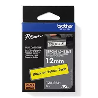 Brother original Etikettendruckerband, Brother, TZE-S631, schwarzer Druck/gelbe Rückseite, laminiert, 8m, 12mm, extrem klebend