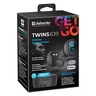 Defender Twins 639 Kopfhörer mit Mikrofon, drahtlos, schwarz, Ohrstöpsel, BT 5.0, TWS, Ladeetui mit Powerbank bluetooth type,